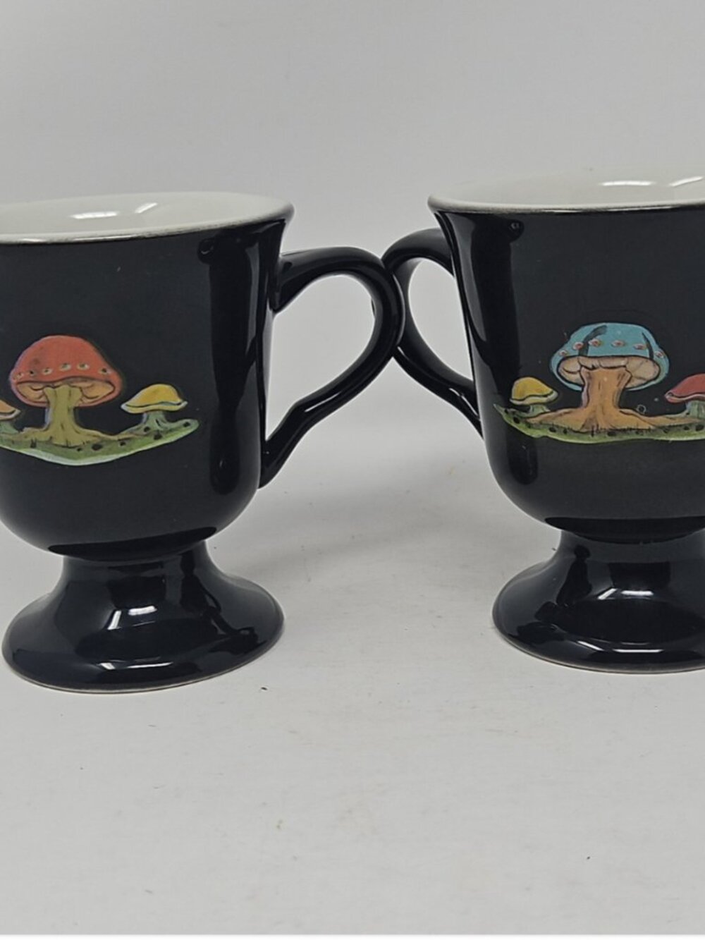 PR 2 Vintage Jackson China Pedestal Footed Coffee Mug Cups Mushrooms Black White